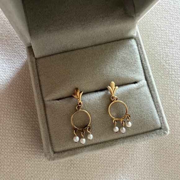 14K Gold and Pearl Drop Earrings Vintage - Picture 1 of 4